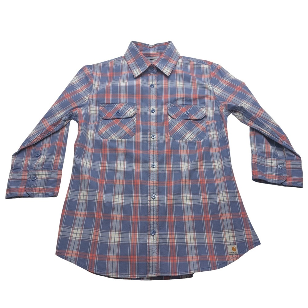 Carhartt Plaid Button Down Shirt Womens M Blue Coral Workwear WS013 BTB